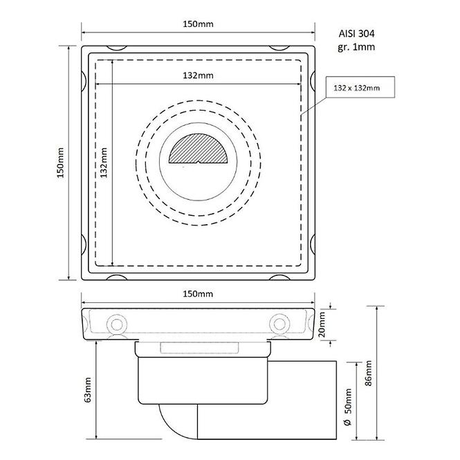 Podlahový odtok Axus 15x15 otočný 360 FI50