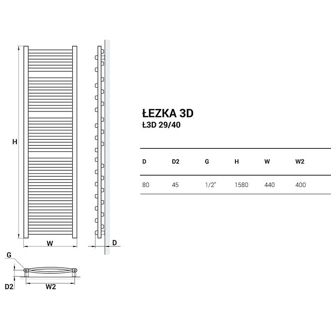 Kúpeľňový radiátor Łezka 3D Ł3D 29/40 biela 1580x440