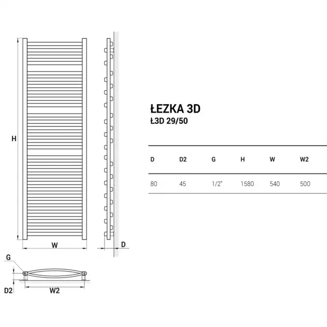 Kúpeľňový radiátor Łezka 3D Ł3D 29/50 biela 1580x540