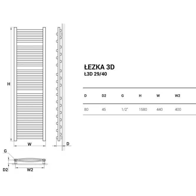 Kúpeľňový radiátor Łezka 3D Ł3D 29/40 čierna 1580x440,2