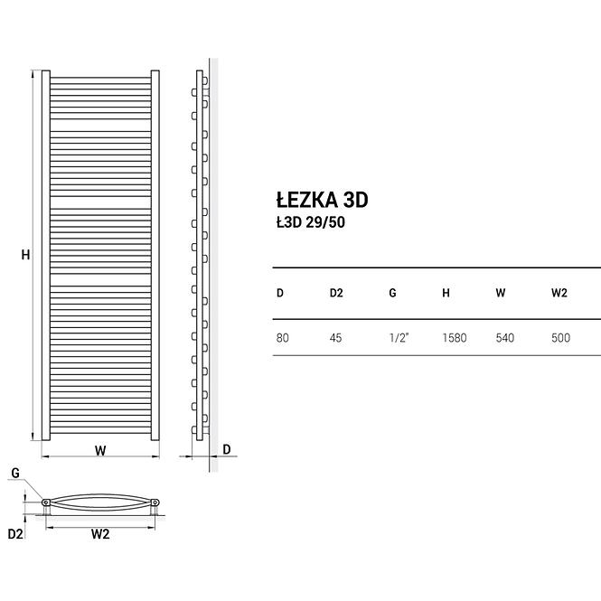Kúpeľňový radiátor Łezka 3D Ł3D 29/50 čierna 1580x540