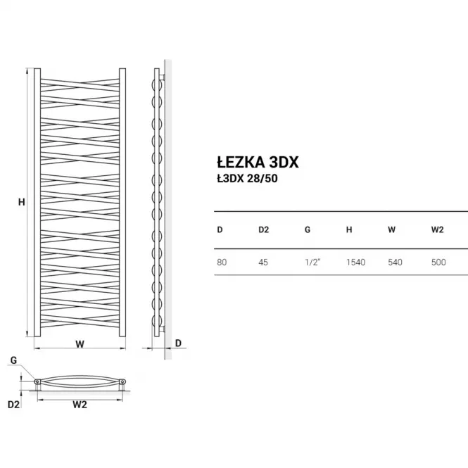 Kúpeľňový radiátor Łezka 3D Ł3DX 28/50 biela 1580x540,2