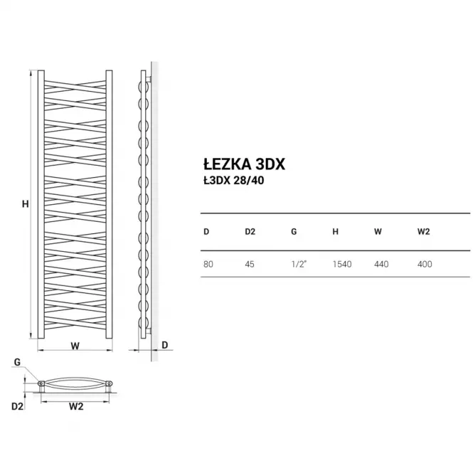 Kúpeľňový radiátor Łezka 3D Ł3DX 28/40 čierna 1580x440