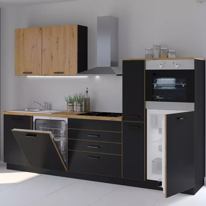 Kuchynská  Blacky čierna/dub artisan 280 s vrcholom