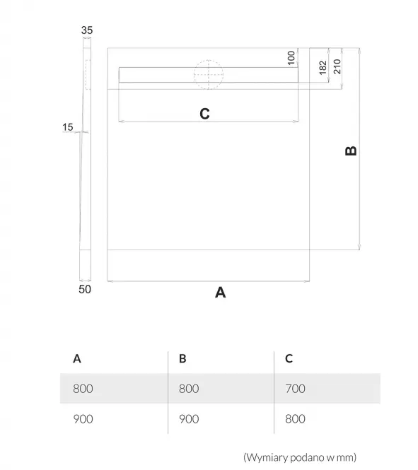 Vanička pod dlažbu Plate 90x90x5/12,5*10.022/OLPL