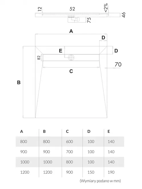 Vanička pod dlažbu Steel 90x90x5/12,5*10.002/OLKB/SL