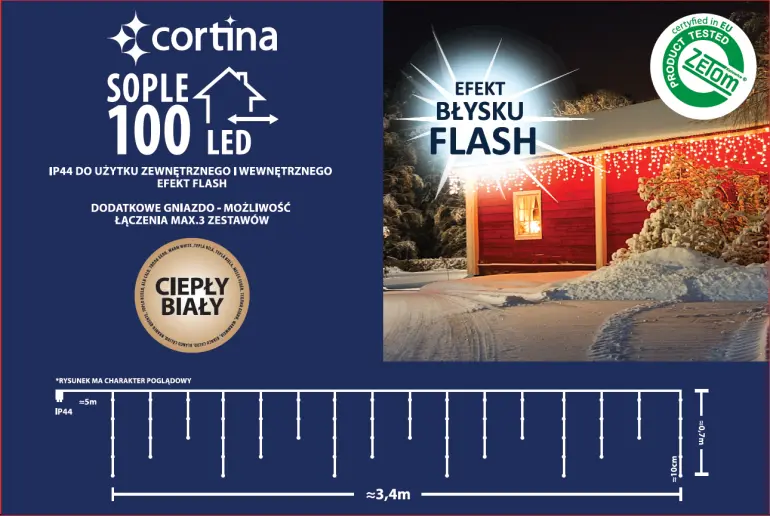 Vianočné svetielka LED cencúle 100l vonkajšie Trans+gn+flash biely kábel 10