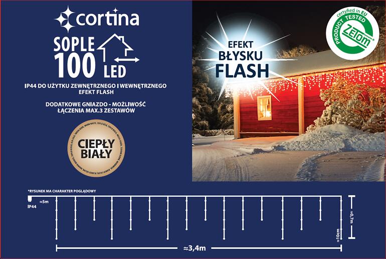 Vianočné svetielka LED cencúle 100l vonkajšie Trans+gn+flash biely kábel 10,5