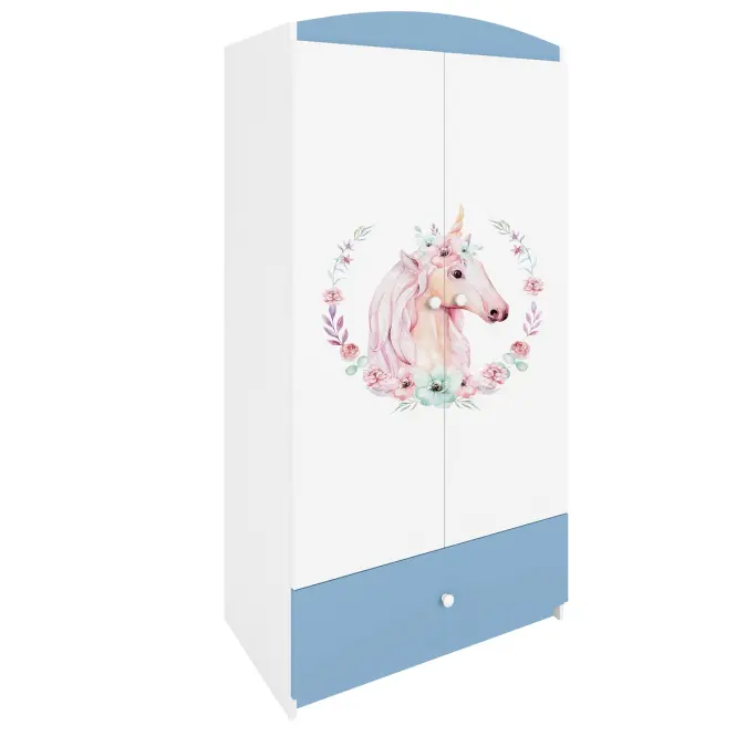 Skriňa Babydreams Koník 90 cm – biela/modrá, dvojdverová, zásuvka