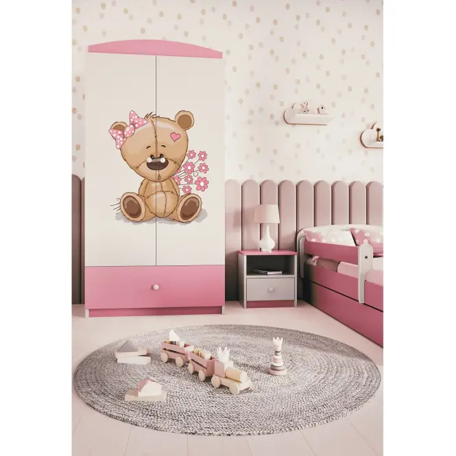 Skriňa Babydreams Medvedík s kvietkami 90 cm – biela/ružová, dvojdverová, zásuvka,6