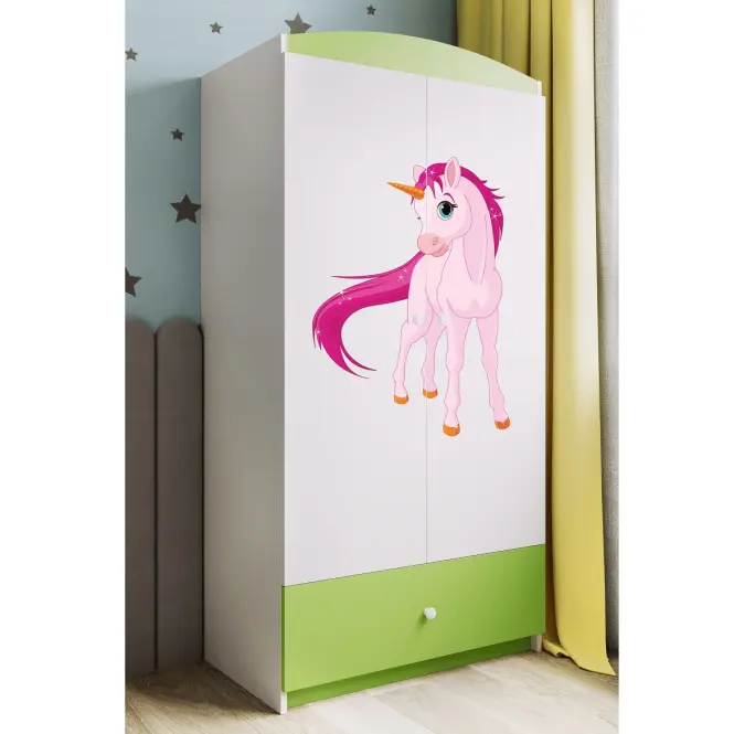 Skriňa Babydreams Jednorožec 90 cm – biela/zelená, dvojdverová, zásuvka,6