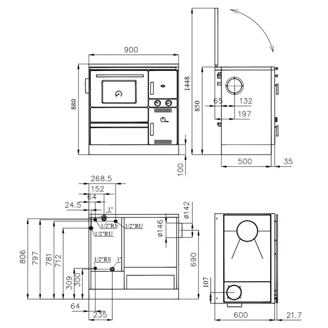 Sporák Alfa Term 20 s vodným plášťom pravý 8,7 kW/14,2 kW,4