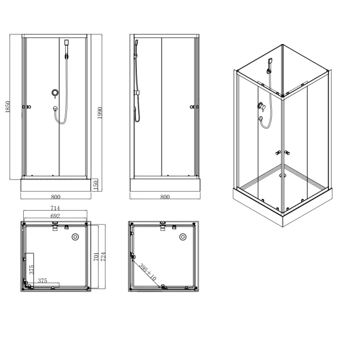 Sprchový box štvorcový Elize 80x80x200 čierny,3
