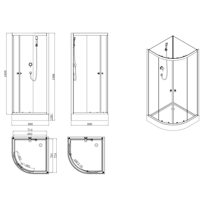 Sprchový box štvrťkruhový Elize 80x80x200 čierny,3