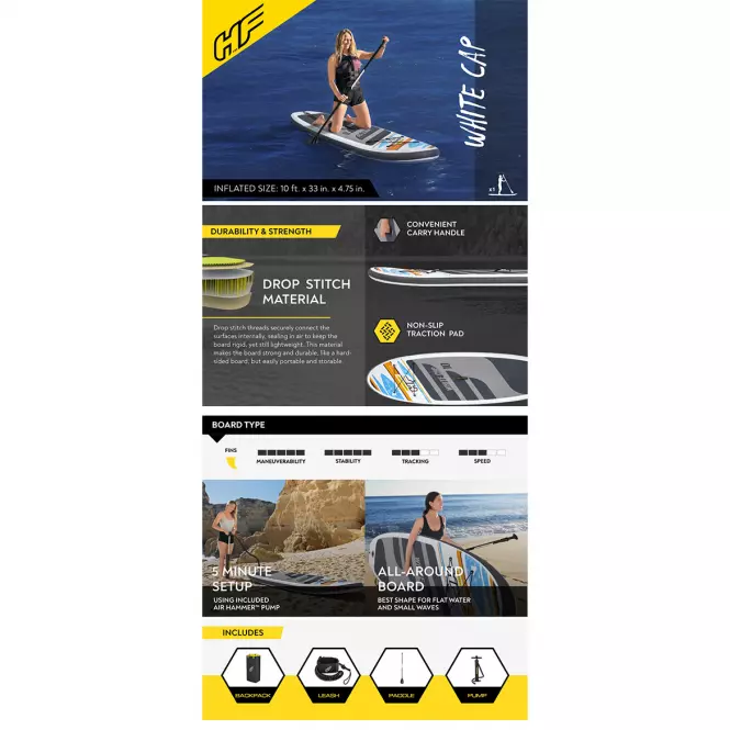 Nafukovací paddleboard SUP WHITE CAP SET HYDRO-FORCE 65342 BESTWAY