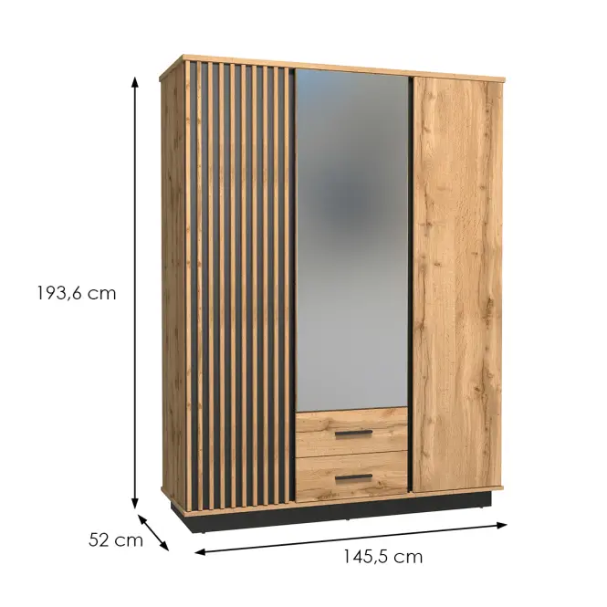 Skriňa Lamelo 145,5 cm – dub Wotan/čierna Mat, trojdverová, lamely, zásuvky