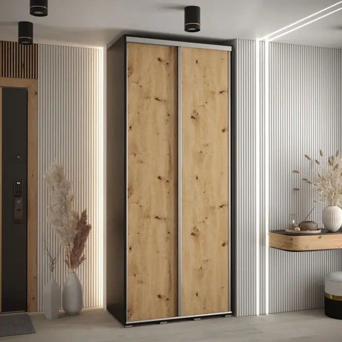 Skriňa s posuvnými dverami Canaris 1 100 cm – čierna/artisan/strieborná, dvojdverová,4