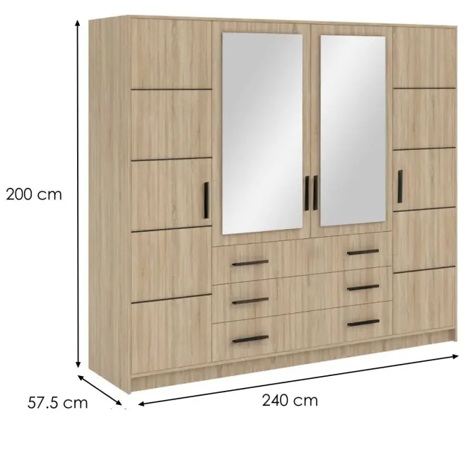 Skriňa Bali 240 cm so zrkadlom – sonoma, štvordverová, zásuvky
