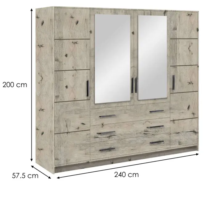 Skriňa Bali 240 cm so zrkadlom – dub wellington, štvordverová, zásuvky