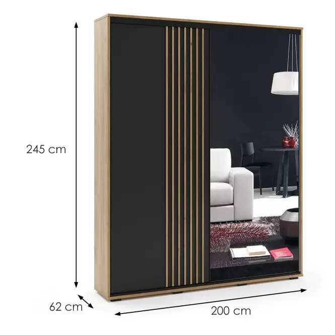 Skriňa Milo 200 s lamelami čierna+craft zlatá,2