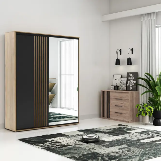 Skriňa Milo 200 s lamelami čierna+craft zlatá,4