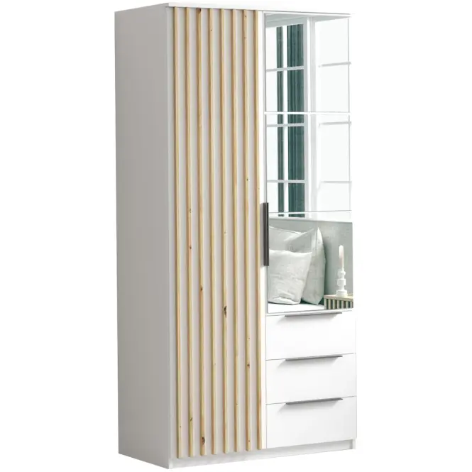 Skriňa Sorento 100 cm so zrkadlom – biela/craft zlatý, lamely, dvojdverová, zásuvky