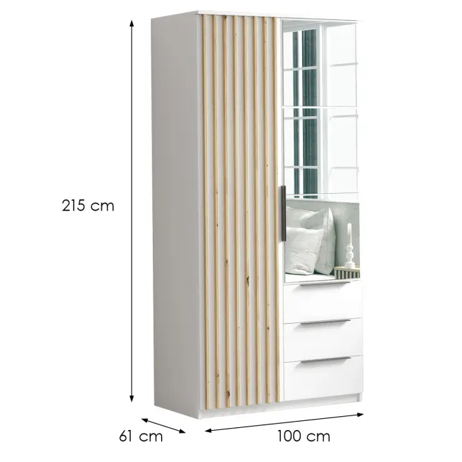 Skriňa Sorento 100 cm so zrkadlom – biela/craft zlatý, lamely, dvojdverová, zásuvky,2