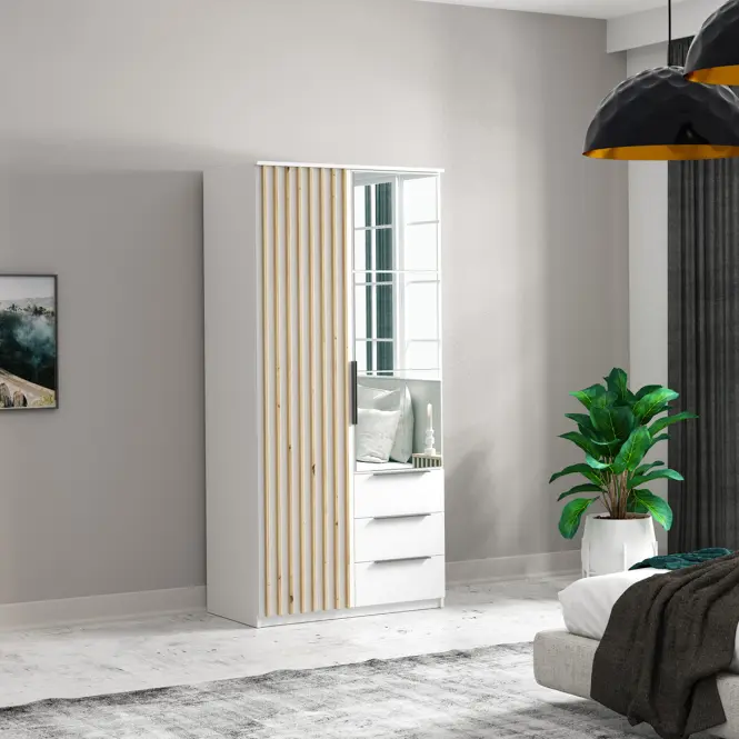 Skriňa Sorento 100 cm so zrkadlom – biela/craft zlatý, lamely, dvojdverová, zásuvky,4