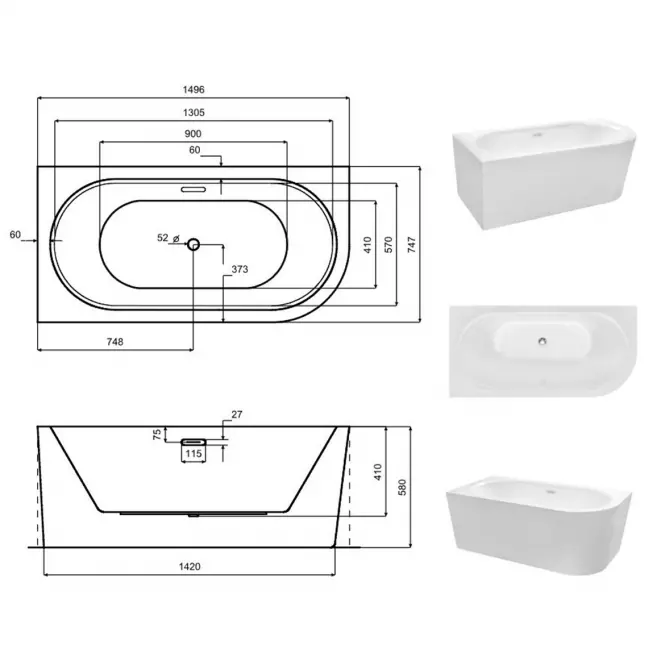 Voľne stojaca vaňa rohová Avita A-Line 150/75 L + sifón klik-klak chróm s prepadom slim,6