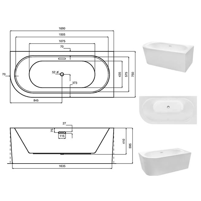 Voľne stojaca vaňa rohová Avita A-Line 170/75 P + sifón klik-klak chróm s prepadom slim,6