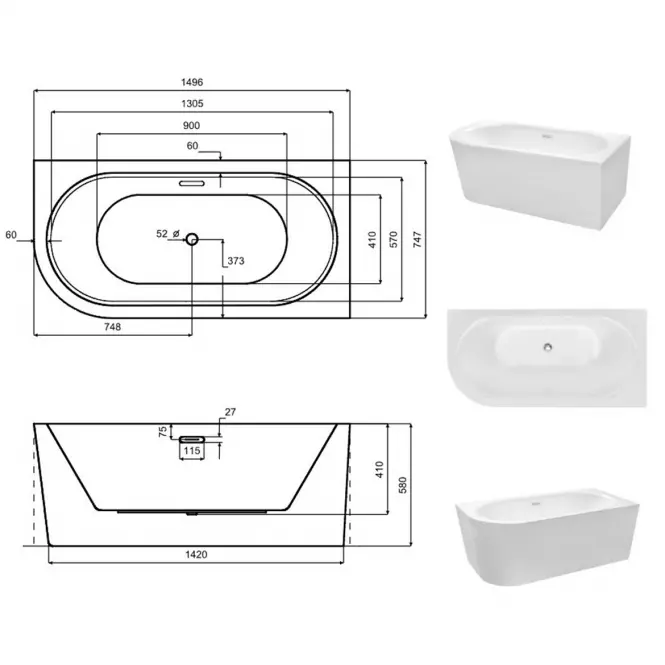 Voľne stojaca vaňa rohová  Avita A-Line 150/75 P + sifón klik-klak čierny s prepadom slim,6