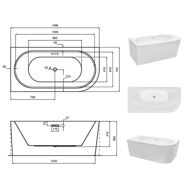 Voľne stojaca vaňa rohová Avita A-Line 150/75 L + sifón klik-klak čierny s prepadom slim,6