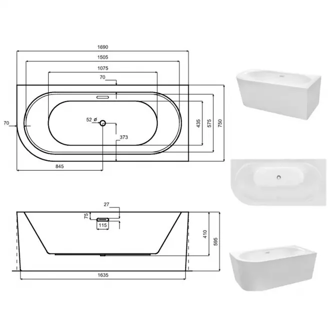 Voľne stojaca vaňa rohová Avita A-Line 170/75 P + sifón klik-klak zlatistý s prepadom slim,6