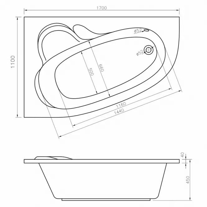 Vaňa s hydromasážou Madura 170/110 L 12DW+10DP pneumatické ovládanie