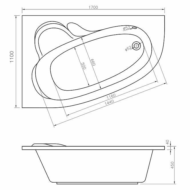 Vaňa s hydromasážou Madura 170/110 L 12DW+10DP pneumatické ovládanie