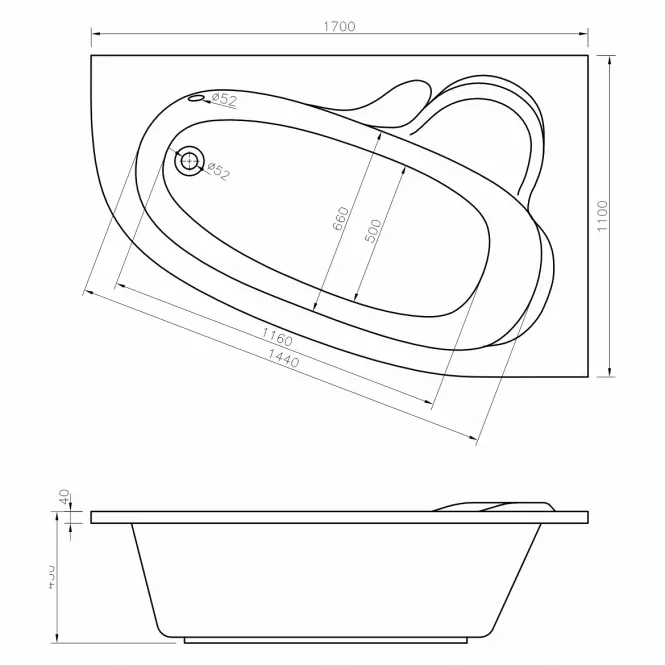 Vaňa s hydromasážou Madura 170/110 P 12DW+10DP pneumatické ovládanie