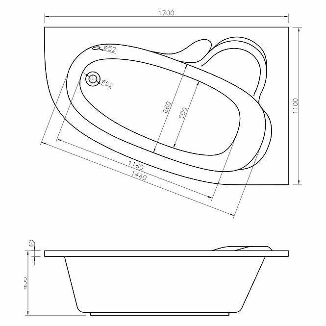 Vaňa s hydromasážou Madura 170/110 P 12DW+10DP pneumatické ovládanie