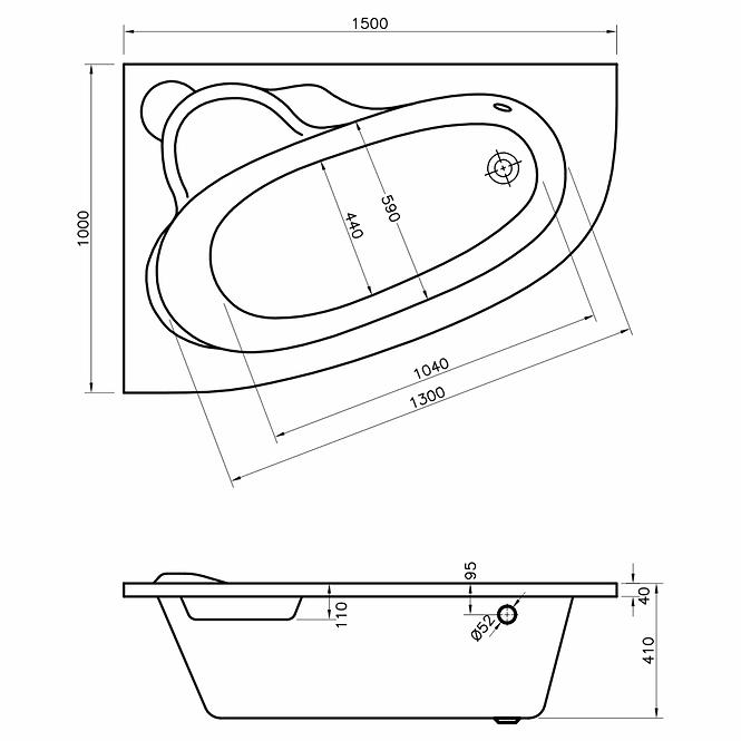 Vaňa s hydromasážou Timor 150/100 L 8DW+8DP pneumatické ovládanie,2