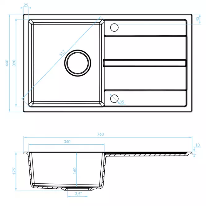 Granitový drez Pico 760x440 sivý + batéria