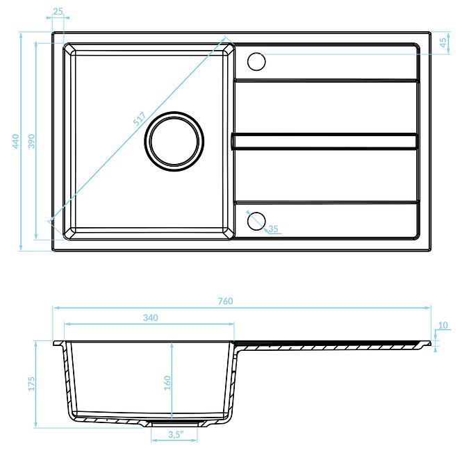 Granitový drez Pico 760x440 sivý + batéria,2