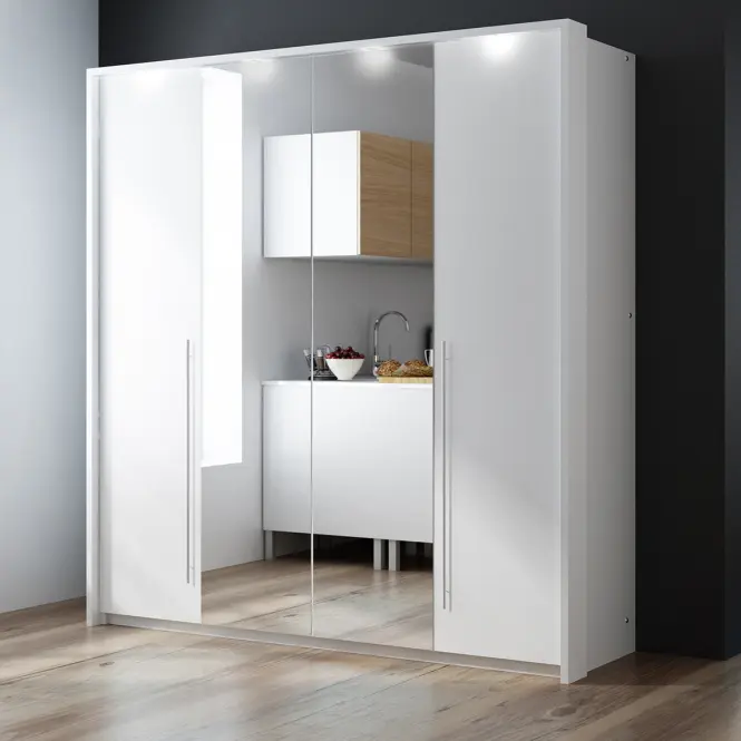 Skriňa s lomenými dverami Brema 209 cm so zrkadlom – biela, štvordverová