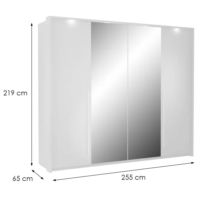 Skriňa s lomenými dverami Brema 255 cm so zrkadlom – biela, štvordverová