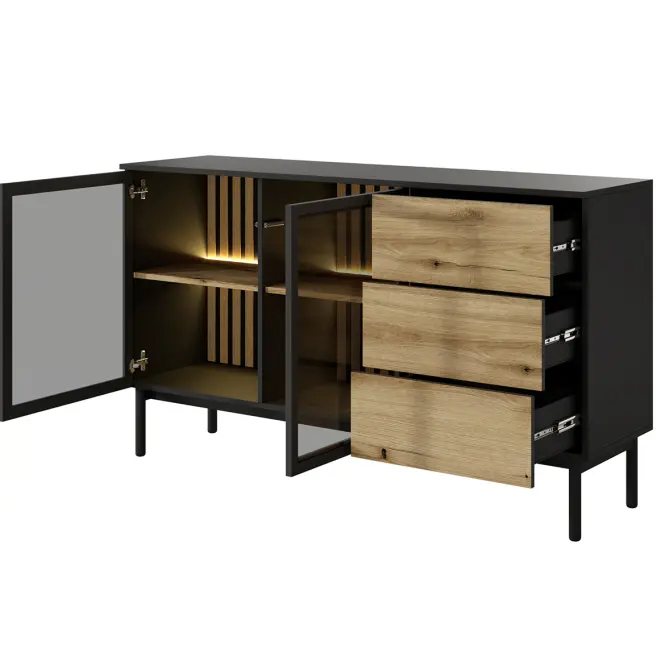 Komoda Lang C 150 2D3S + LED čierna/dub evoke,3