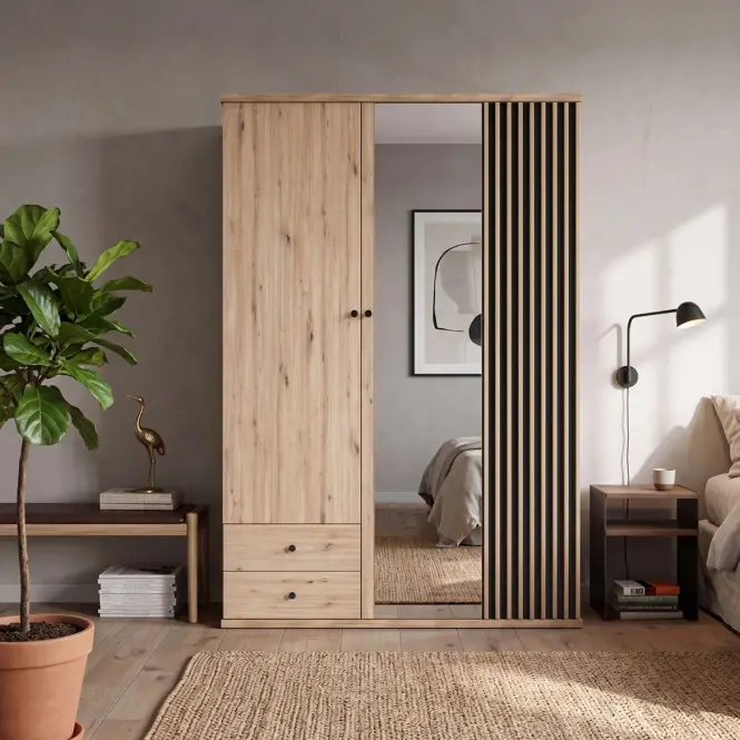 Skriňa Cali C23 150 cm so zrkadlom – artisan, lamely, trojdverová, zásuvky