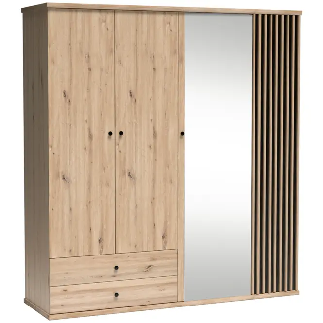 Skriňa Cali C24 200 cm so zrkadlom – artisan, lamely, štvordverová, zásuvky