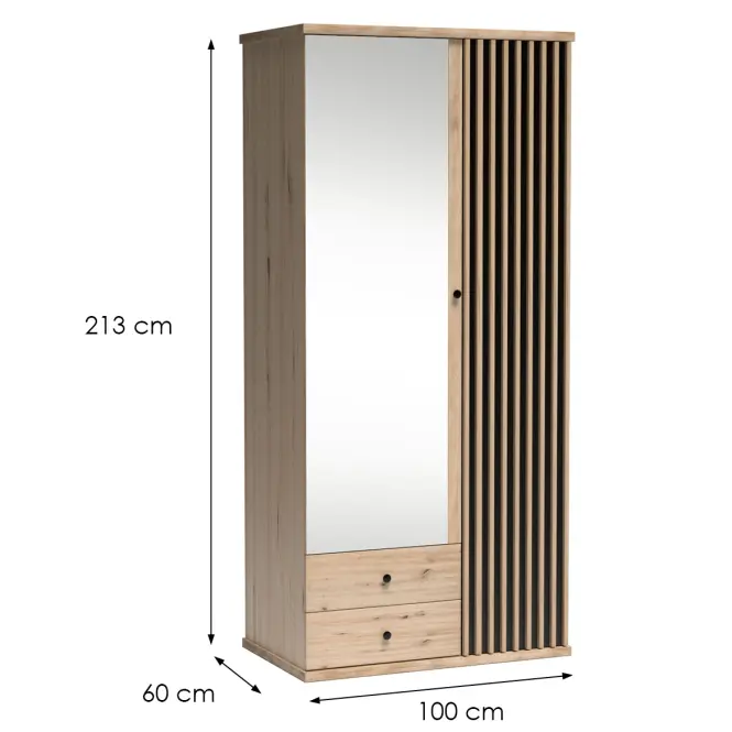 Skriňa Cali C25 92 cm so zrkadlom – artisan, lamely, dvojdverová, zásuvky