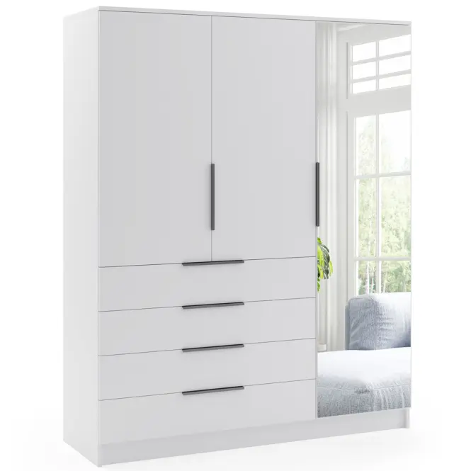 Skriňa Bogota 150 cm so zrkadlom – biela, trojdverová, zásuvky