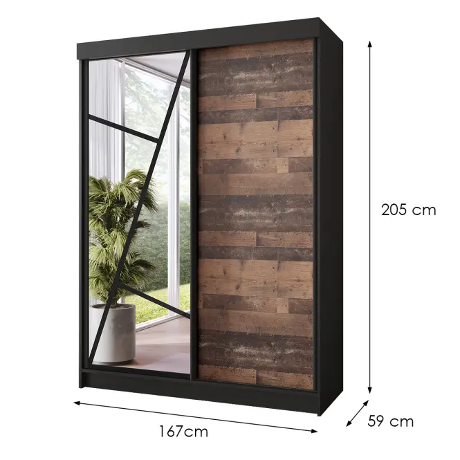 Skriňa s posuvnými dverami Vena 167 cm so zrkadlom – čierna/old style, dvojdverová