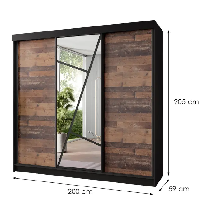 Skriňa s posuvnými dverami Vena 250 cm so zrkadlom – čierna/old style, trojdverová