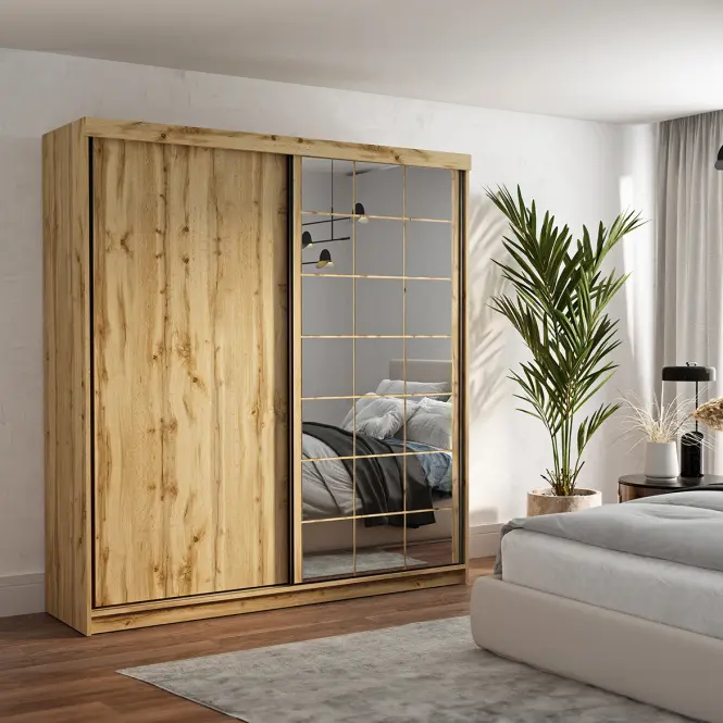 Skriňa s posuvnými dverami Collin 200 cm so zrkadlom – wotan, dvojdverová